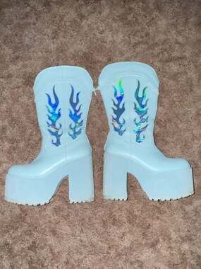 Club Exx Light Blue Holographic Flame Platform Cowboy Boots